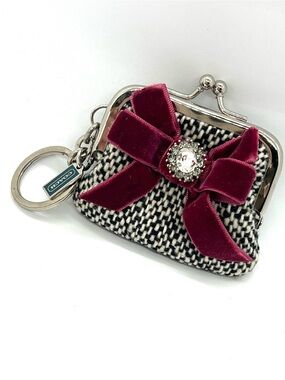 Coach Black & White Tweed Coin Purse with Burgundy Velvet Bow - RARE COLLECTIBLE
